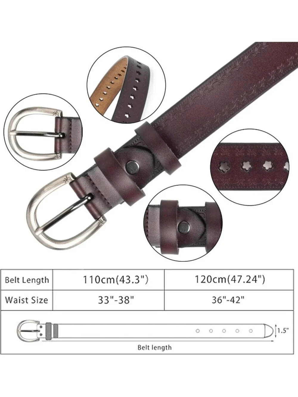 Women's Coffee-hollow Flowers Leather Belt Vintage Engraved Embossed Western